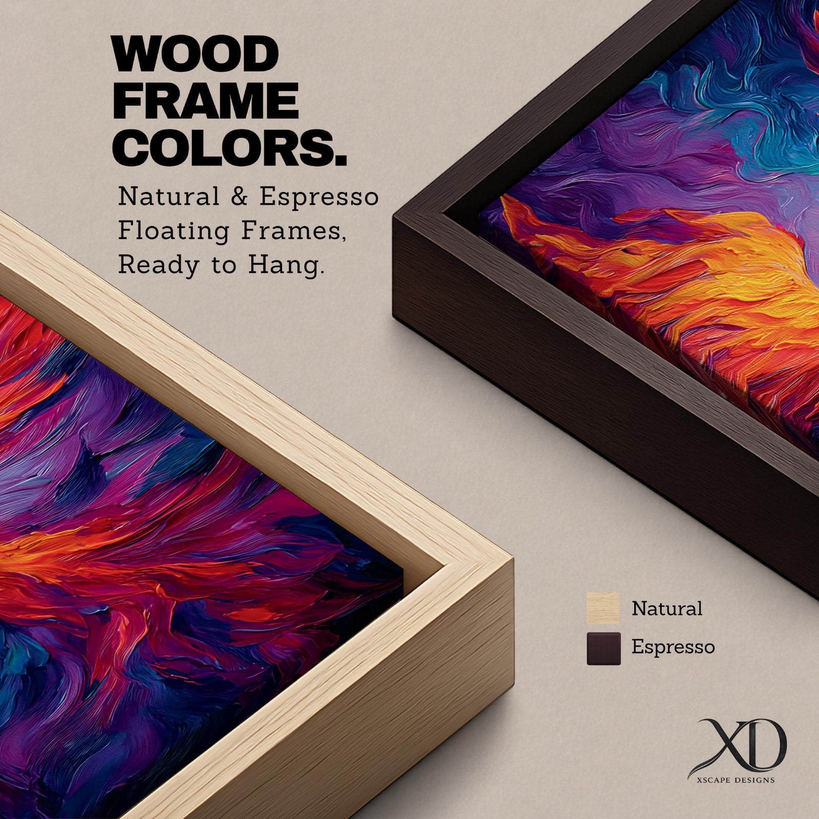 A tall vertical painting depicts a vibrant phoenix with wings fully extended, rendered in bold flowing strokes of fiery orange, red, and gold blending into deep purples and blues, its elongated tail cascading downward in fluid motion, creating a dynamic abstract firebird rising with intense color contrast and expressive texture.