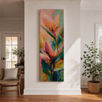 A tall vertical painting features bird of paradise flowers with elongated pointed petals in soft pink, peach, and coral tones, accented by bold green leaves and expressive layered brushstrokes, set against a blended background of pastel teal, warm yellow, and soft pink, creating a modern botanical composition with fluid movement and painterly texture.