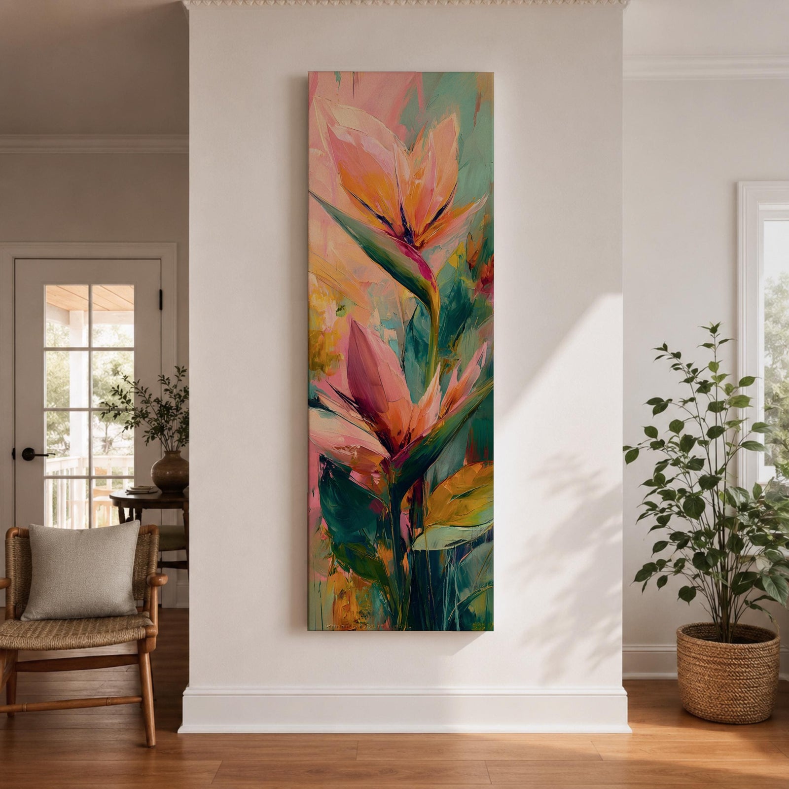 A tall vertical painting features bird of paradise flowers with elongated pointed petals in soft pink, peach, and coral tones, accented by bold green leaves and expressive layered brushstrokes, set against a blended background of pastel teal, warm yellow, and soft pink, creating a modern botanical composition with fluid movement and painterly texture.