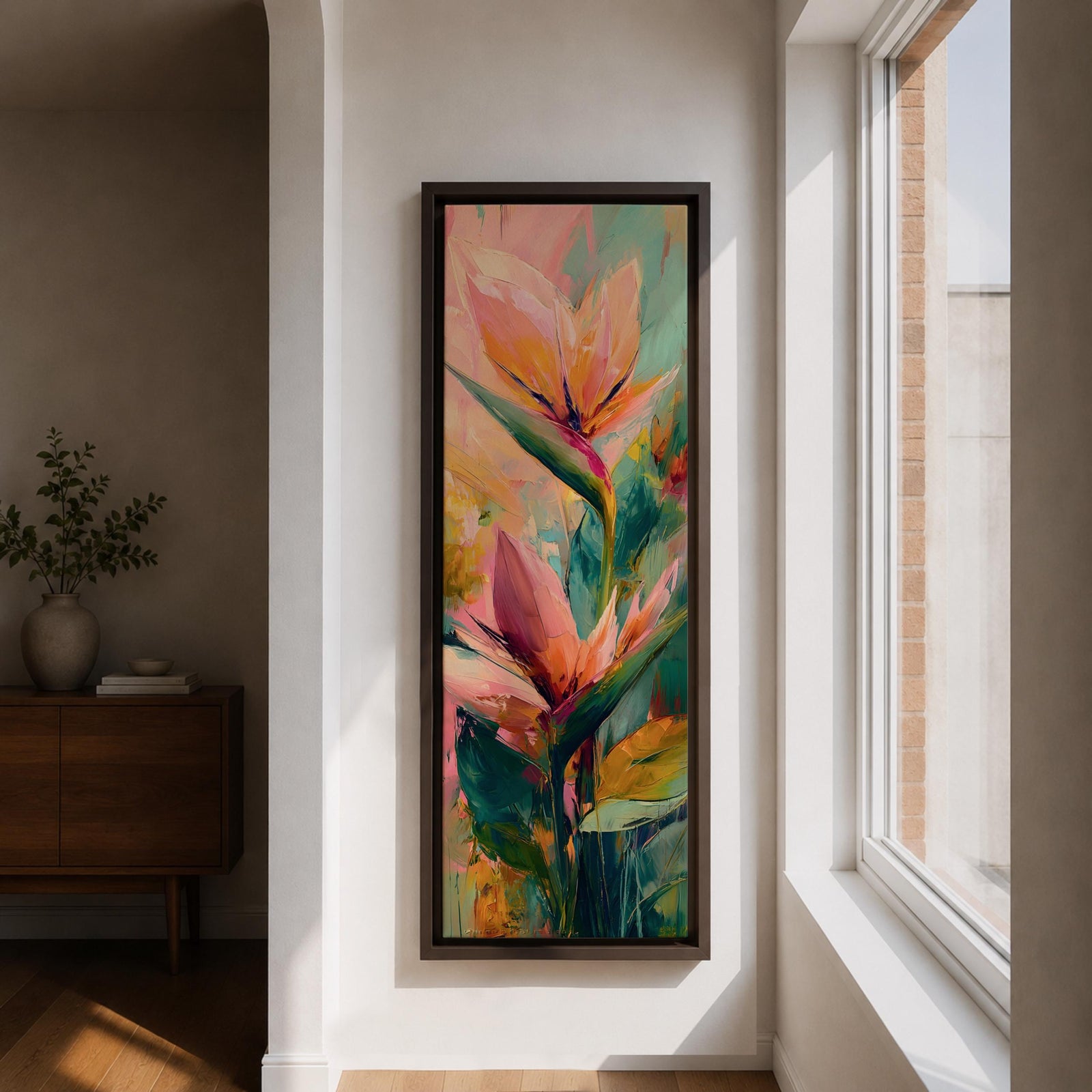 A tall vertical painting features bird of paradise flowers with elongated pointed petals in soft pink, peach, and coral tones, accented by bold green leaves and expressive layered brushstrokes, set against a blended background of pastel teal, warm yellow, and soft pink, creating a modern botanical composition with fluid movement and painterly texture.