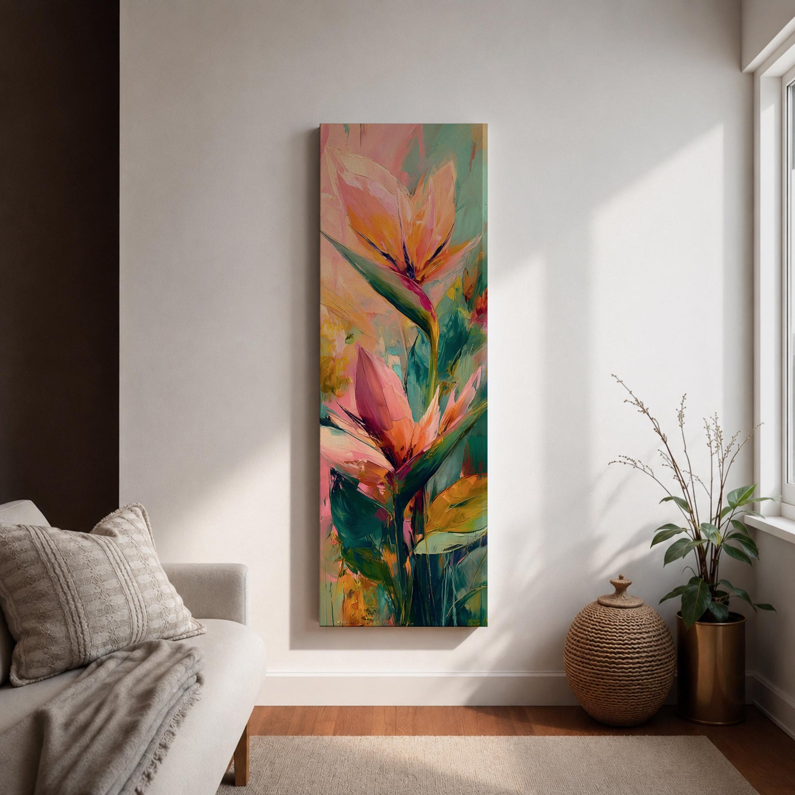 A tall vertical painting features bird of paradise flowers with elongated pointed petals in soft pink, peach, and coral tones, accented by bold green leaves and expressive layered brushstrokes, set against a blended background of pastel teal, warm yellow, and soft pink, creating a modern botanical composition with fluid movement and painterly texture.