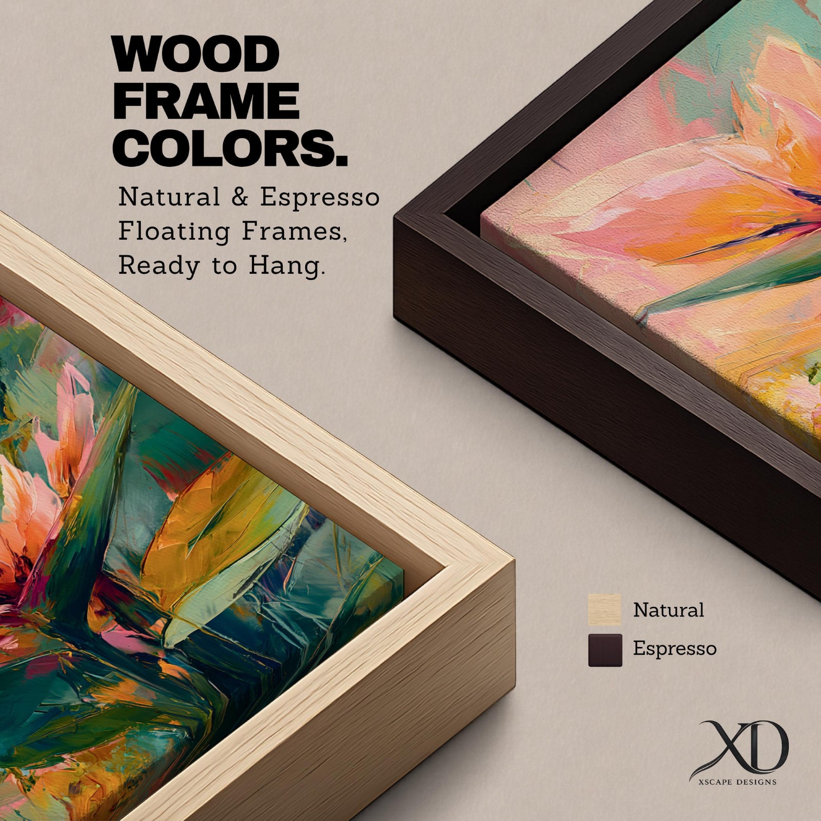 A tall vertical painting features bird of paradise flowers with elongated pointed petals in soft pink, peach, and coral tones, accented by bold green leaves and expressive layered brushstrokes, set against a blended background of pastel teal, warm yellow, and soft pink, creating a modern botanical composition with fluid movement and painterly texture.
