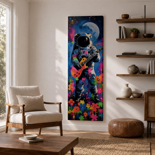 A tall vertical artwork shows an astronaut in a detailed space suit playing an electric guitar, set against a vivid cosmic backdrop with a glowing moon, deep blue sky, and splashes of neon pink, green, and orange paint, while bright flowers bloom at the base, blending surreal space imagery with street art style and bold expressive color.