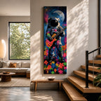 A tall vertical artwork shows an astronaut in a detailed space suit playing an electric guitar, set against a vivid cosmic backdrop with a glowing moon, deep blue sky, and splashes of neon pink, green, and orange paint, while bright flowers bloom at the base, blending surreal space imagery with street art style and bold expressive color.