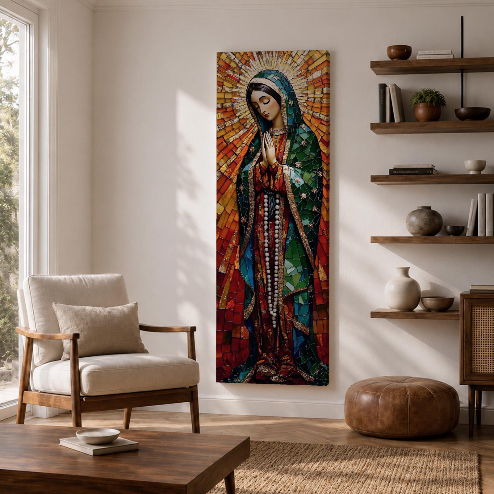 Long vertical stained glass style depiction of Our Lady of Guadalupe with hands clasped in prayer. She wears a green mantle decorated with stars and a red robe while radiant golden rays form a halo behind her, composed of colorful mosaic glass pieces forming a luminous devotional image.