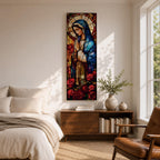 Long vertical stained glass style depiction of the Virgin Mary with hands clasped in prayer. She wears a blue mantle and cream robe while a circular halo glows behind her head and red roses bloom at her feet, all formed with colorful glass segments in a luminous devotional composition.
