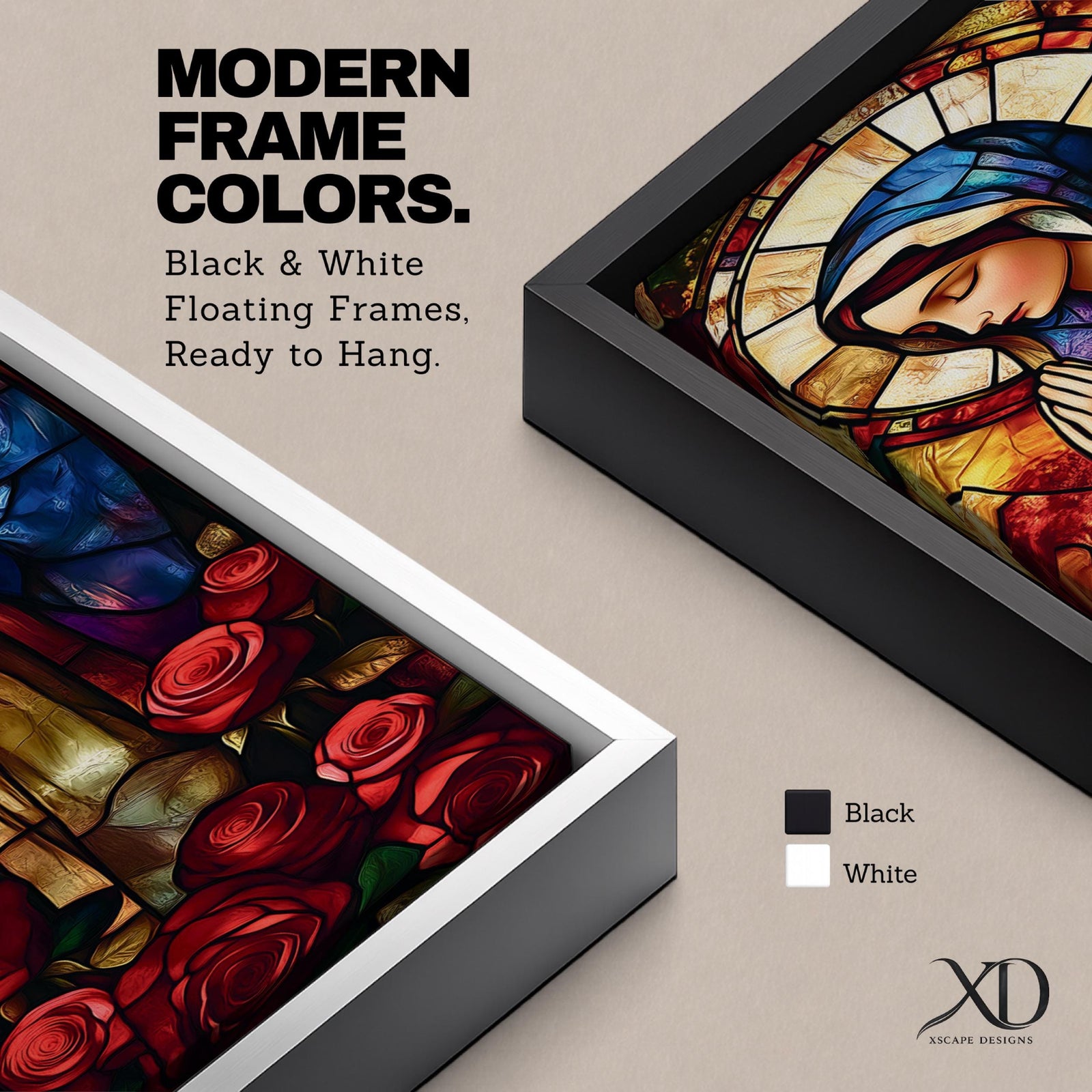 Long vertical stained glass style depiction of the Virgin Mary with hands clasped in prayer. She wears a blue mantle and cream robe while a circular halo glows behind her head and red roses bloom at her feet, all formed with colorful glass segments in a luminous devotional composition.