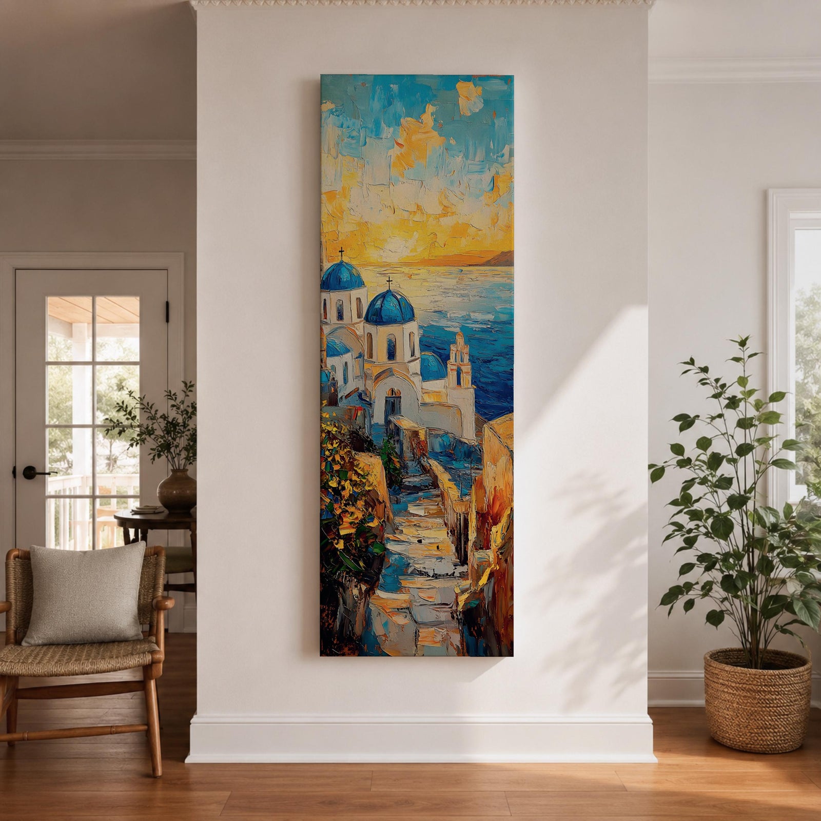 Vertical impressionist painting of Santorini at sunset featuring white Cycladic church buildings with blue domes overlooking the Aegean Sea. A narrow stone pathway leads toward the chapel while warm golden light fills the sky with textured brushstrokes of orange, yellow, and blue reflecting across the water and coastal hillside architecture.