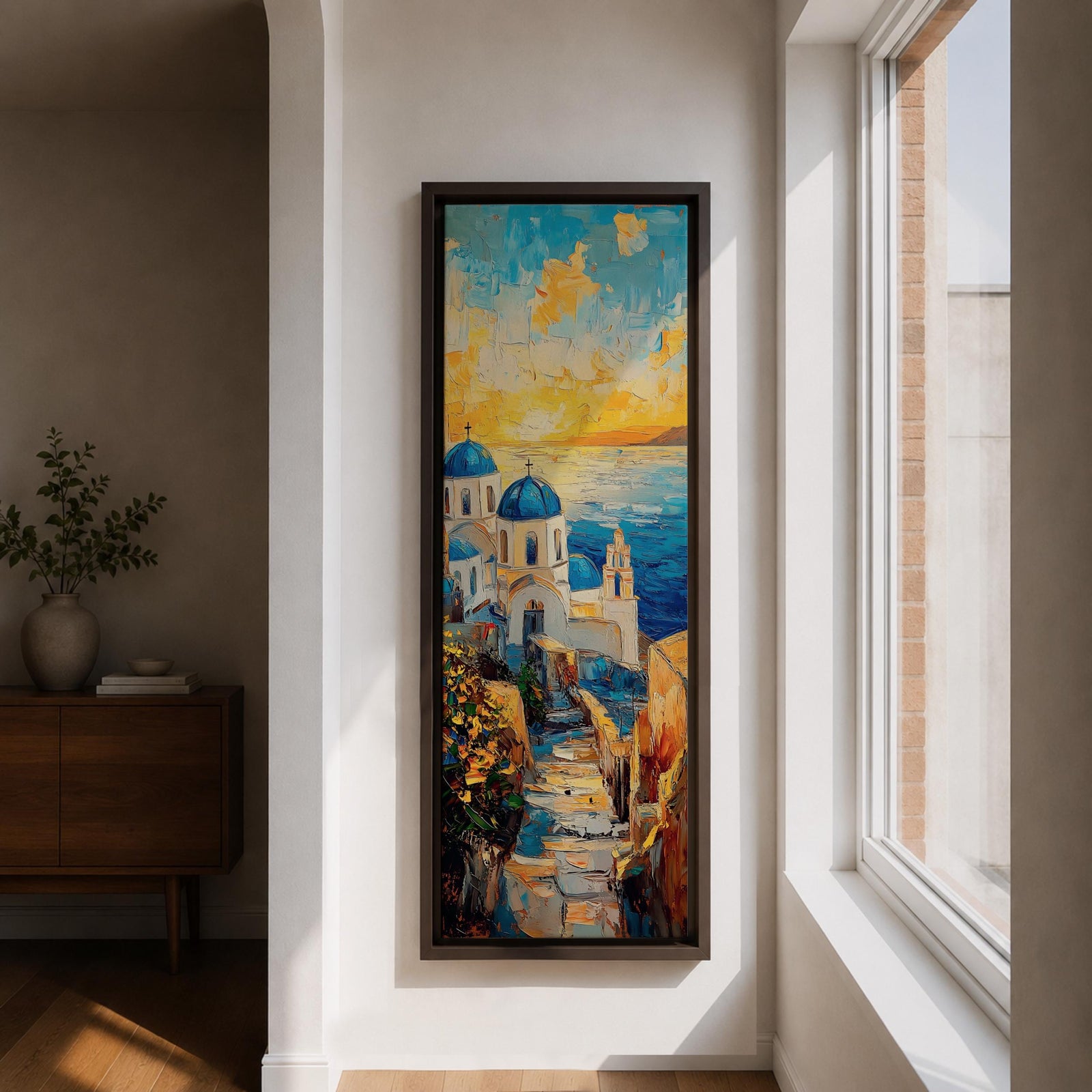 Vertical impressionist painting of Santorini at sunset featuring white Cycladic church buildings with blue domes overlooking the Aegean Sea. A narrow stone pathway leads toward the chapel while warm golden light fills the sky with textured brushstrokes of orange, yellow, and blue reflecting across the water and coastal hillside architecture.