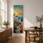 Vertical impressionist painting of Santorini at sunset featuring white Cycladic church buildings with blue domes overlooking the Aegean Sea. A narrow stone pathway leads toward the chapel while warm golden light fills the sky with textured brushstrokes of orange, yellow, and blue reflecting across the water and coastal hillside architecture.