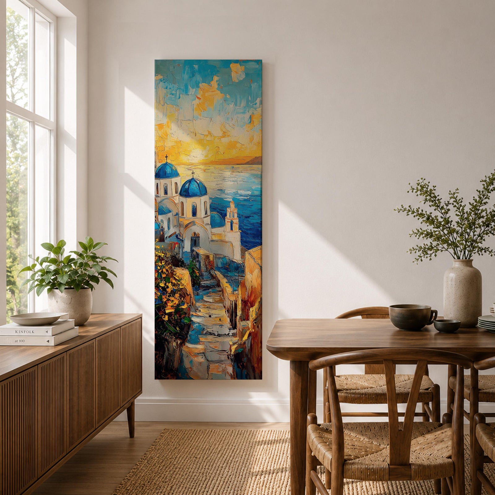 Vertical impressionist painting of Santorini at sunset featuring white Cycladic church buildings with blue domes overlooking the Aegean Sea. A narrow stone pathway leads toward the chapel while warm golden light fills the sky with textured brushstrokes of orange, yellow, and blue reflecting across the water and coastal hillside architecture.