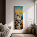 Vertical impressionist painting of Santorini at sunset featuring white Cycladic church buildings with blue domes overlooking the Aegean Sea. A narrow stone pathway leads toward the chapel while warm golden light fills the sky with textured brushstrokes of orange, yellow, and blue reflecting across the water and coastal hillside architecture.