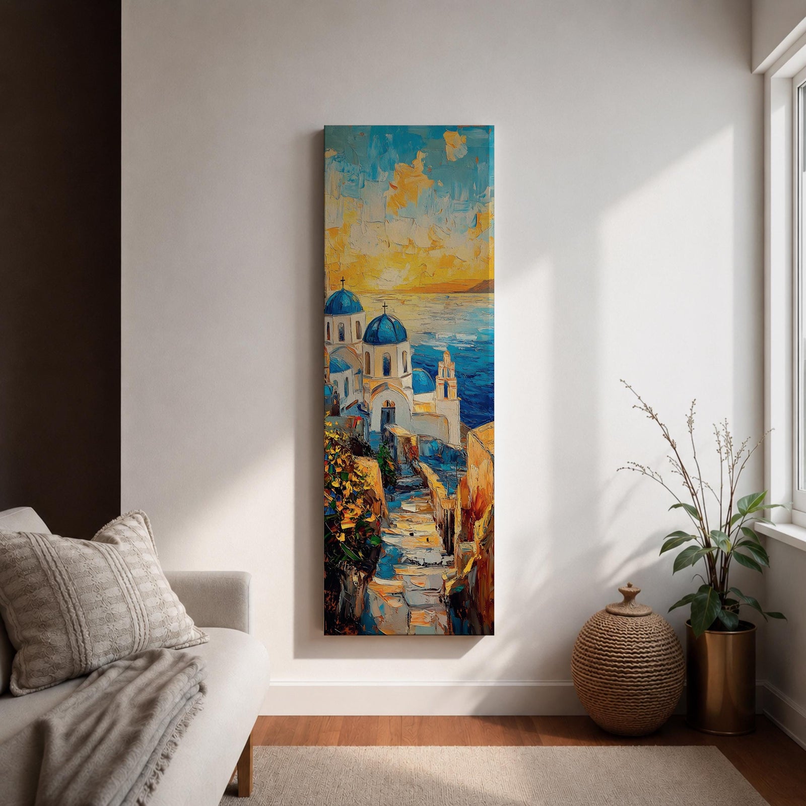 Vertical impressionist painting of Santorini at sunset featuring white Cycladic church buildings with blue domes overlooking the Aegean Sea. A narrow stone pathway leads toward the chapel while warm golden light fills the sky with textured brushstrokes of orange, yellow, and blue reflecting across the water and coastal hillside architecture.