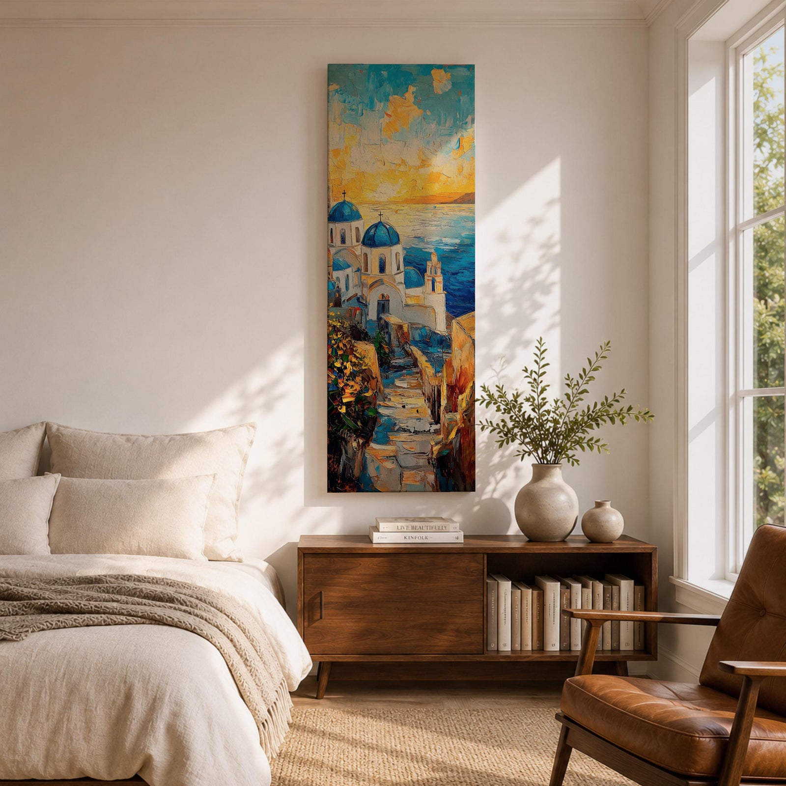 Vertical impressionist painting of Santorini at sunset featuring white Cycladic church buildings with blue domes overlooking the Aegean Sea. A narrow stone pathway leads toward the chapel while warm golden light fills the sky with textured brushstrokes of orange, yellow, and blue reflecting across the water and coastal hillside architecture.