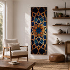 Tall vertical artwork featuring intricate Islamic geometric patterns with an eight pointed star motif at the center. Interlocking arabesque shapes form symmetrical Moorish style ornamentation in deep blue and gold tones with watercolor textures and layered geometric lines inspired by traditional Islamic tile and zellige designs.
