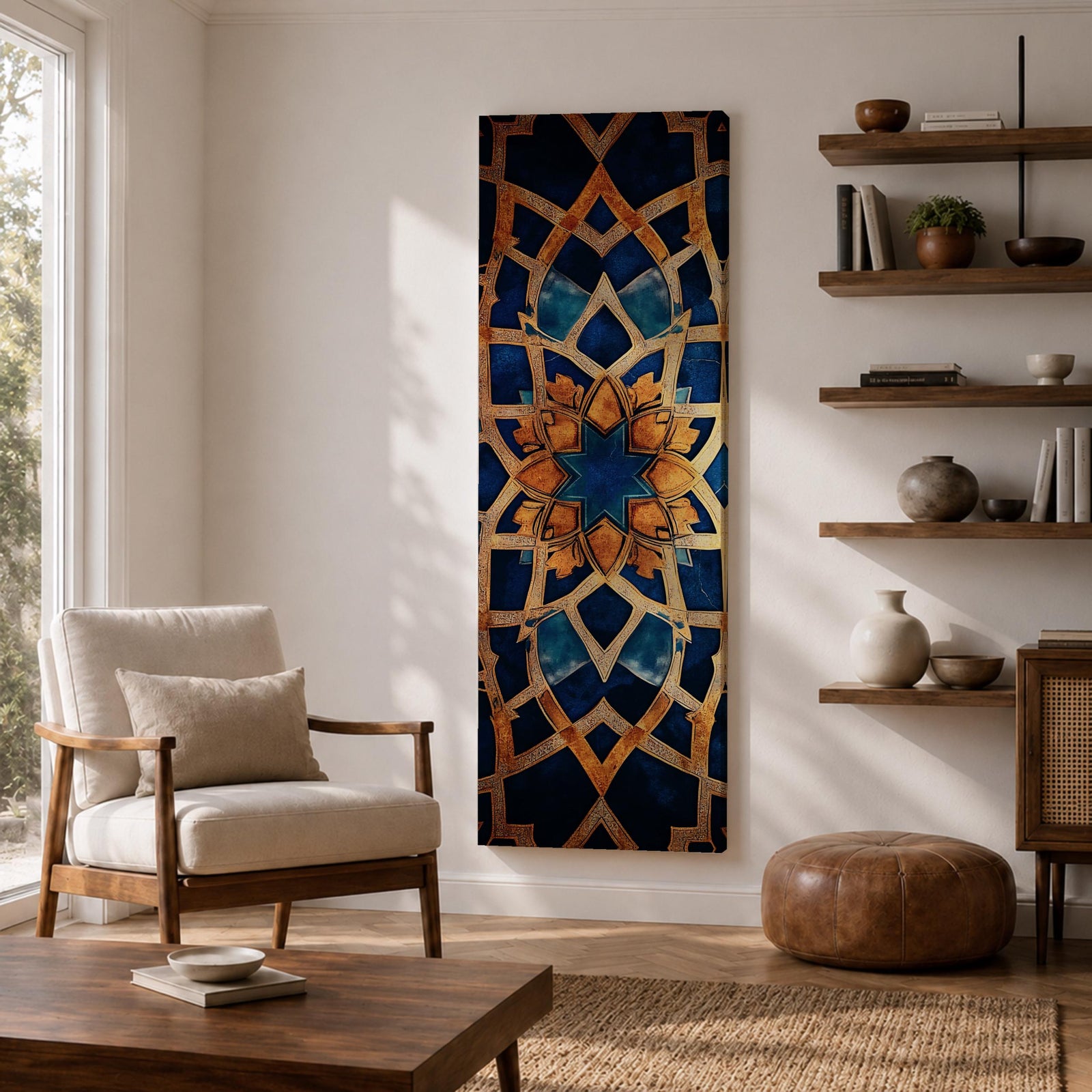 Tall vertical artwork featuring intricate Islamic geometric patterns with an eight pointed star motif at the center. Interlocking arabesque shapes form symmetrical Moorish style ornamentation in deep blue and gold tones with watercolor textures and layered geometric lines inspired by traditional Islamic tile and zellige designs.