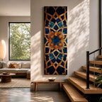 Tall vertical artwork featuring intricate Islamic geometric patterns with an eight pointed star motif at the center. Interlocking arabesque shapes form symmetrical Moorish style ornamentation in deep blue and gold tones with watercolor textures and layered geometric lines inspired by traditional Islamic tile and zellige designs.