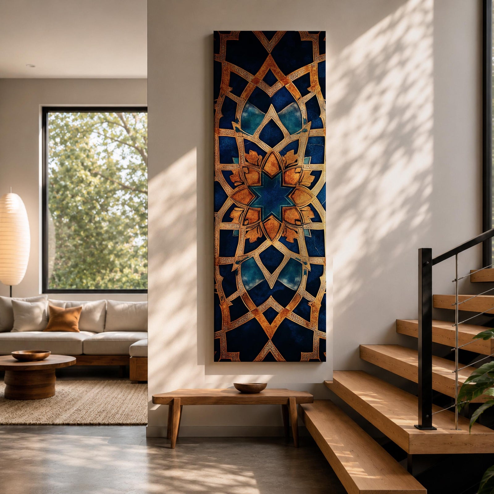 Tall vertical artwork featuring intricate Islamic geometric patterns with an eight pointed star motif at the center. Interlocking arabesque shapes form symmetrical Moorish style ornamentation in deep blue and gold tones with watercolor textures and layered geometric lines inspired by traditional Islamic tile and zellige designs.