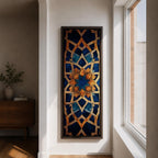 Tall vertical artwork featuring intricate Islamic geometric patterns with an eight pointed star motif at the center. Interlocking arabesque shapes form symmetrical Moorish style ornamentation in deep blue and gold tones with watercolor textures and layered geometric lines inspired by traditional Islamic tile and zellige designs.