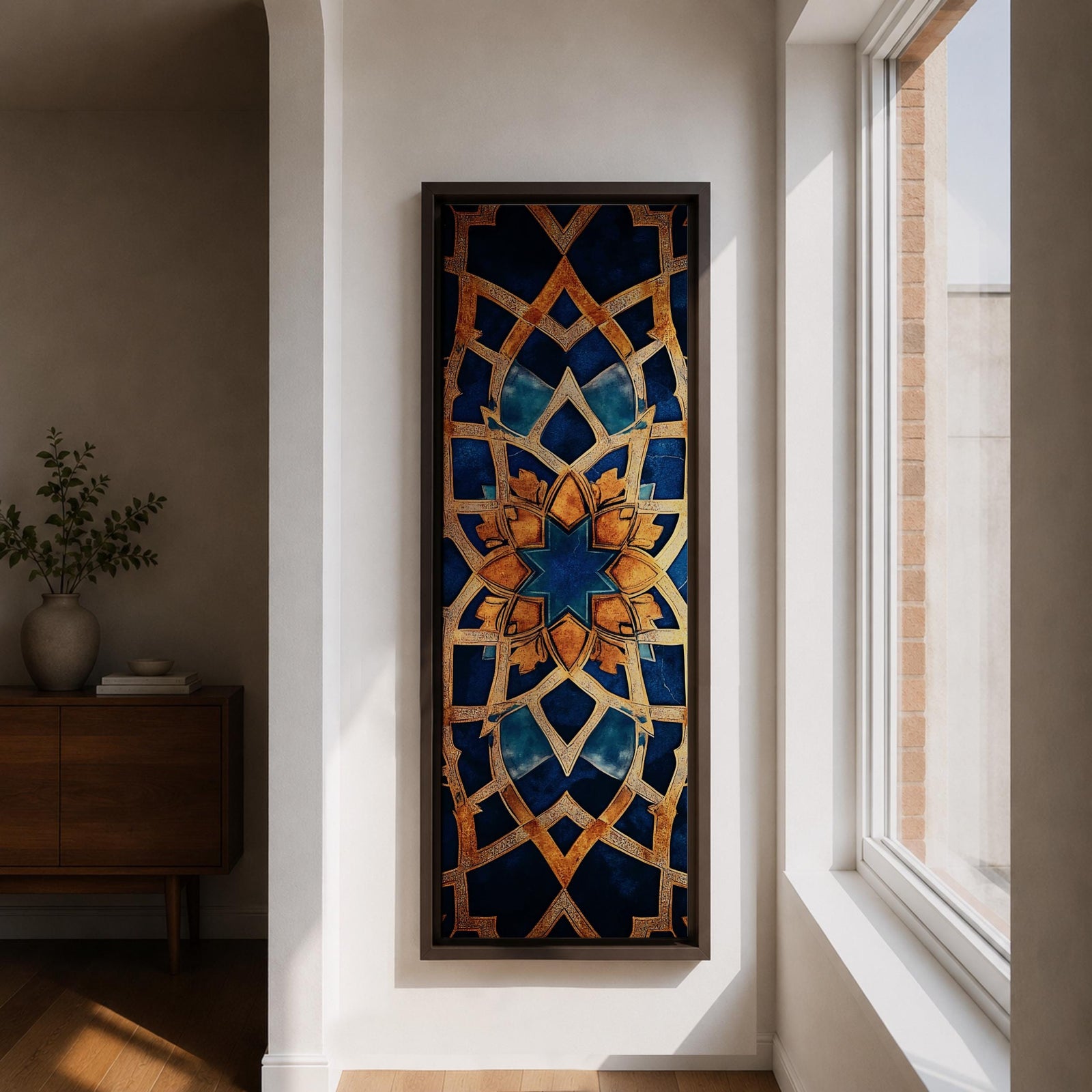 Tall vertical artwork featuring intricate Islamic geometric patterns with an eight pointed star motif at the center. Interlocking arabesque shapes form symmetrical Moorish style ornamentation in deep blue and gold tones with watercolor textures and layered geometric lines inspired by traditional Islamic tile and zellige designs.