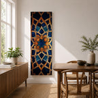 Tall vertical artwork featuring intricate Islamic geometric patterns with an eight pointed star motif at the center. Interlocking arabesque shapes form symmetrical Moorish style ornamentation in deep blue and gold tones with watercolor textures and layered geometric lines inspired by traditional Islamic tile and zellige designs.