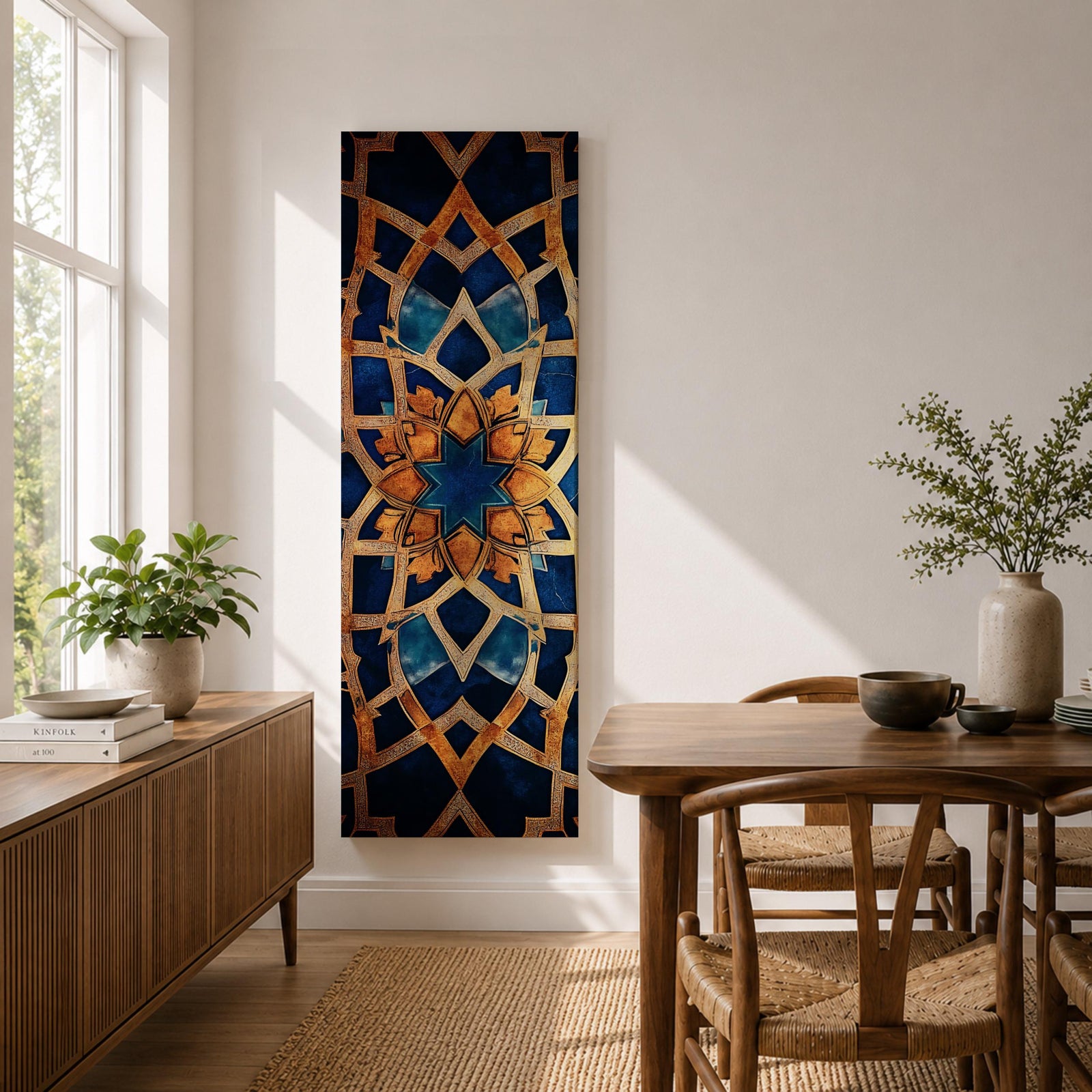 Tall vertical artwork featuring intricate Islamic geometric patterns with an eight pointed star motif at the center. Interlocking arabesque shapes form symmetrical Moorish style ornamentation in deep blue and gold tones with watercolor textures and layered geometric lines inspired by traditional Islamic tile and zellige designs.