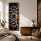 Tall vertical artwork featuring intricate Islamic geometric patterns with an eight pointed star motif at the center. Interlocking arabesque shapes form symmetrical Moorish style ornamentation in deep blue and gold tones with watercolor textures and layered geometric lines inspired by traditional Islamic tile and zellige designs.