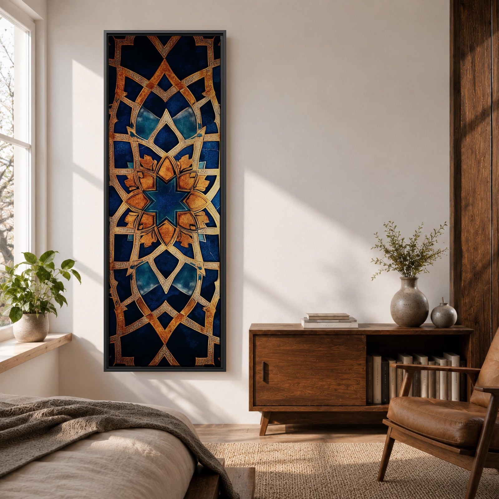 Tall vertical artwork featuring intricate Islamic geometric patterns with an eight pointed star motif at the center. Interlocking arabesque shapes form symmetrical Moorish style ornamentation in deep blue and gold tones with watercolor textures and layered geometric lines inspired by traditional Islamic tile and zellige designs.