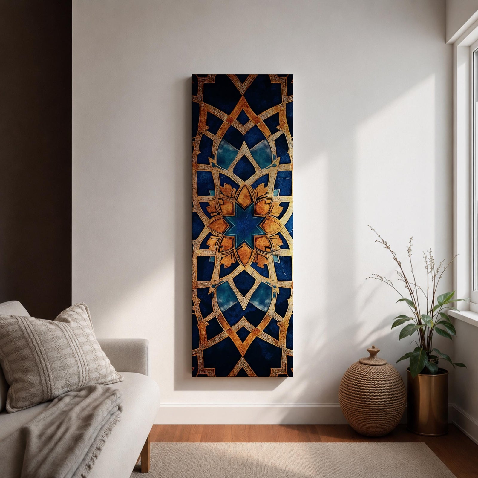 Tall vertical artwork featuring intricate Islamic geometric patterns with an eight pointed star motif at the center. Interlocking arabesque shapes form symmetrical Moorish style ornamentation in deep blue and gold tones with watercolor textures and layered geometric lines inspired by traditional Islamic tile and zellige designs.