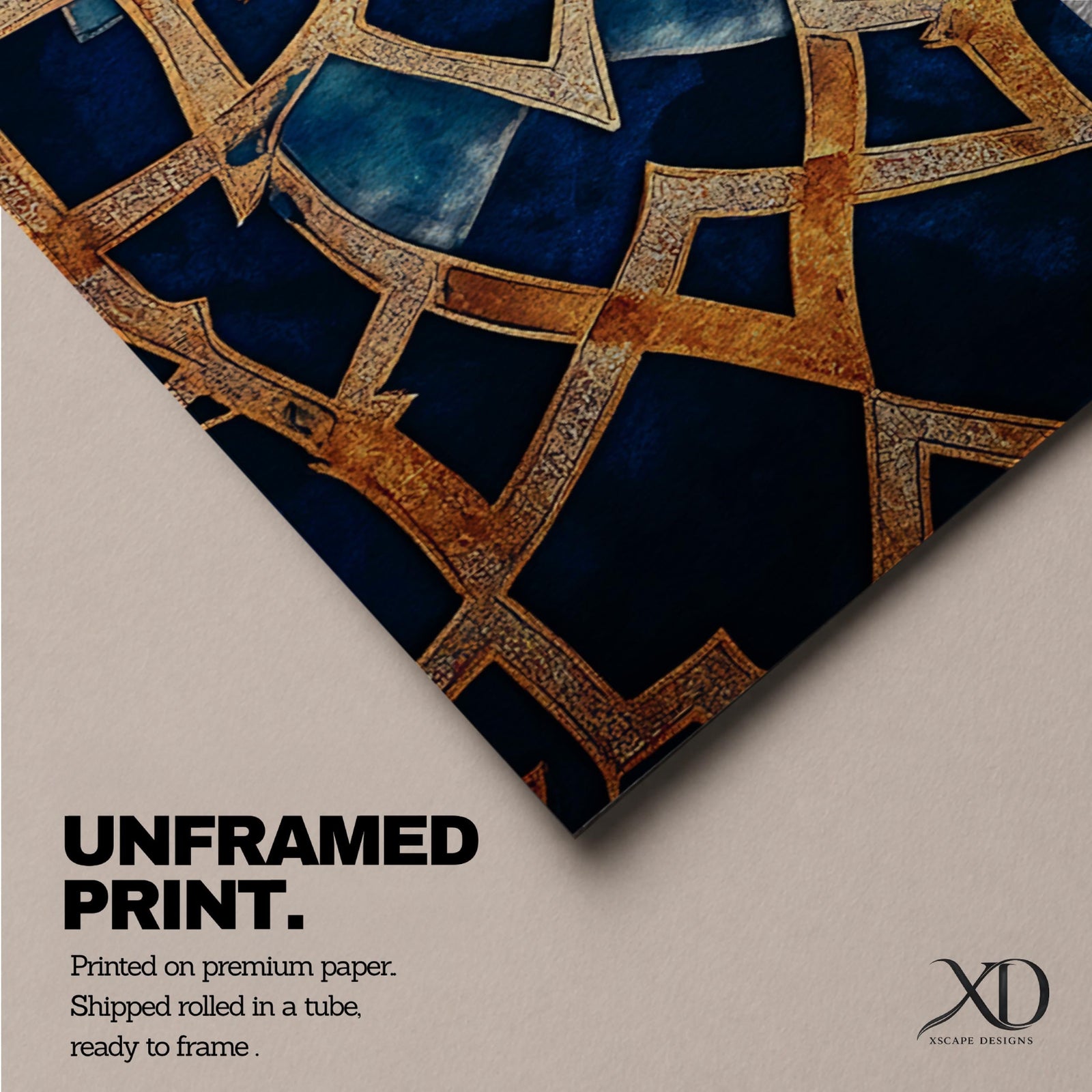 Tall vertical artwork featuring intricate Islamic geometric patterns with an eight pointed star motif at the center. Interlocking arabesque shapes form symmetrical Moorish style ornamentation in deep blue and gold tones with watercolor textures and layered geometric lines inspired by traditional Islamic tile and zellige designs.