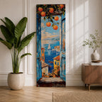 Tall vertical Mediterranean coastal painting showing a view through open blue wooden shutters toward the Amalfi Coast sea. Orange branches hang above a sunlit window frame overlooking colorful seaside houses, small boats, and a sailboat on deep blue water with distant coastal hills rendered in textured oil brushstrokes.