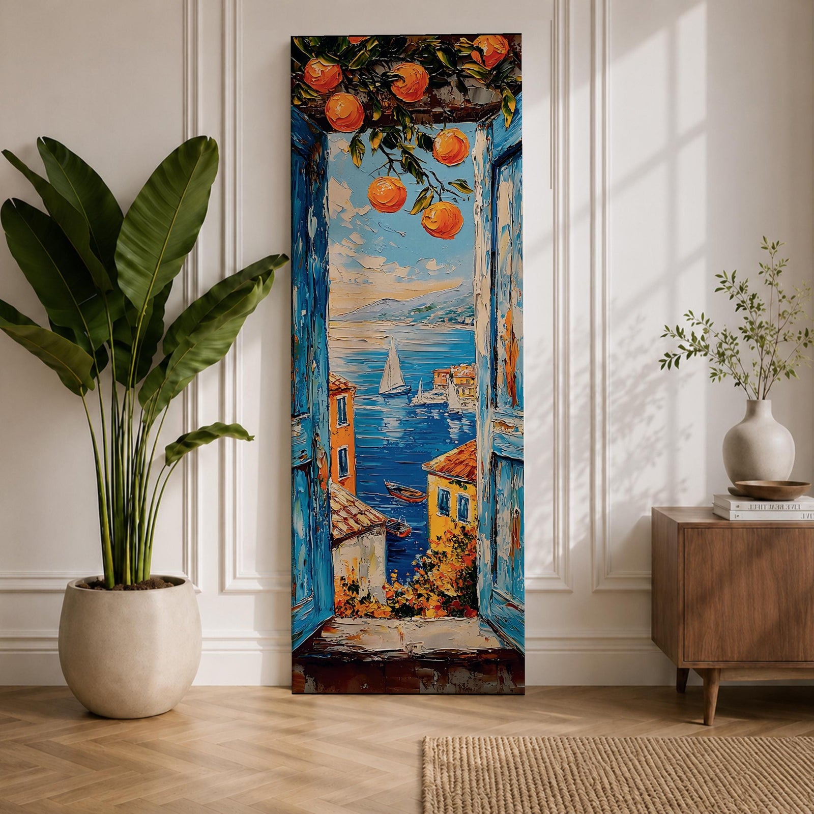 Tall vertical Mediterranean coastal painting showing a view through open blue wooden shutters toward the Amalfi Coast sea. Orange branches hang above a sunlit window frame overlooking colorful seaside houses, small boats, and a sailboat on deep blue water with distant coastal hills rendered in textured oil brushstrokes.