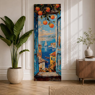 Tall vertical Mediterranean coastal painting showing a view through open blue wooden shutters toward the Amalfi Coast sea. Orange branches hang above a sunlit window frame overlooking colorful seaside houses, small boats, and a sailboat on deep blue water with distant coastal hills rendered in textured oil brushstrokes.