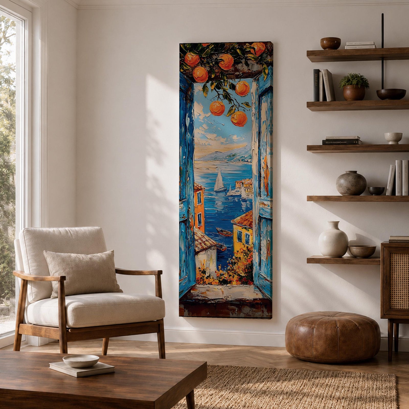 Tall vertical Mediterranean coastal painting showing a view through open blue wooden shutters toward the Amalfi Coast sea. Orange branches hang above a sunlit window frame overlooking colorful seaside houses, small boats, and a sailboat on deep blue water with distant coastal hills rendered in textured oil brushstrokes.