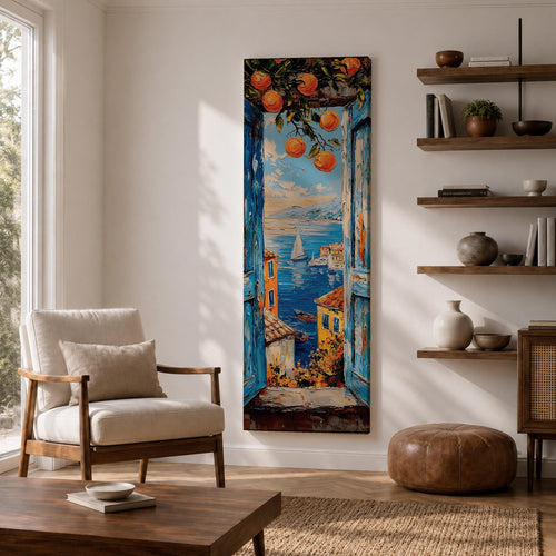 Tall vertical Mediterranean coastal painting showing a view through open blue wooden shutters toward the Amalfi Coast sea. Orange branches hang above a sunlit window frame overlooking colorful seaside houses, small boats, and a sailboat on deep blue water with distant coastal hills rendered in textured oil brushstrokes.