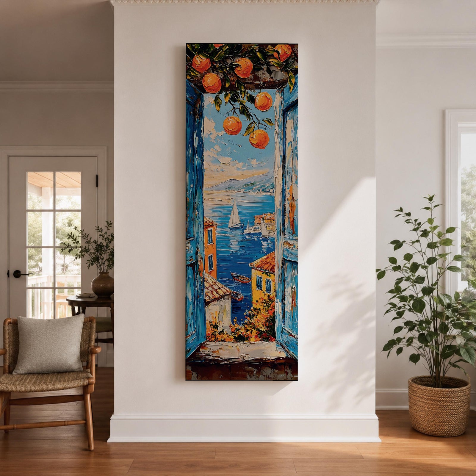 Tall vertical Mediterranean coastal painting showing a view through open blue wooden shutters toward the Amalfi Coast sea. Orange branches hang above a sunlit window frame overlooking colorful seaside houses, small boats, and a sailboat on deep blue water with distant coastal hills rendered in textured oil brushstrokes.