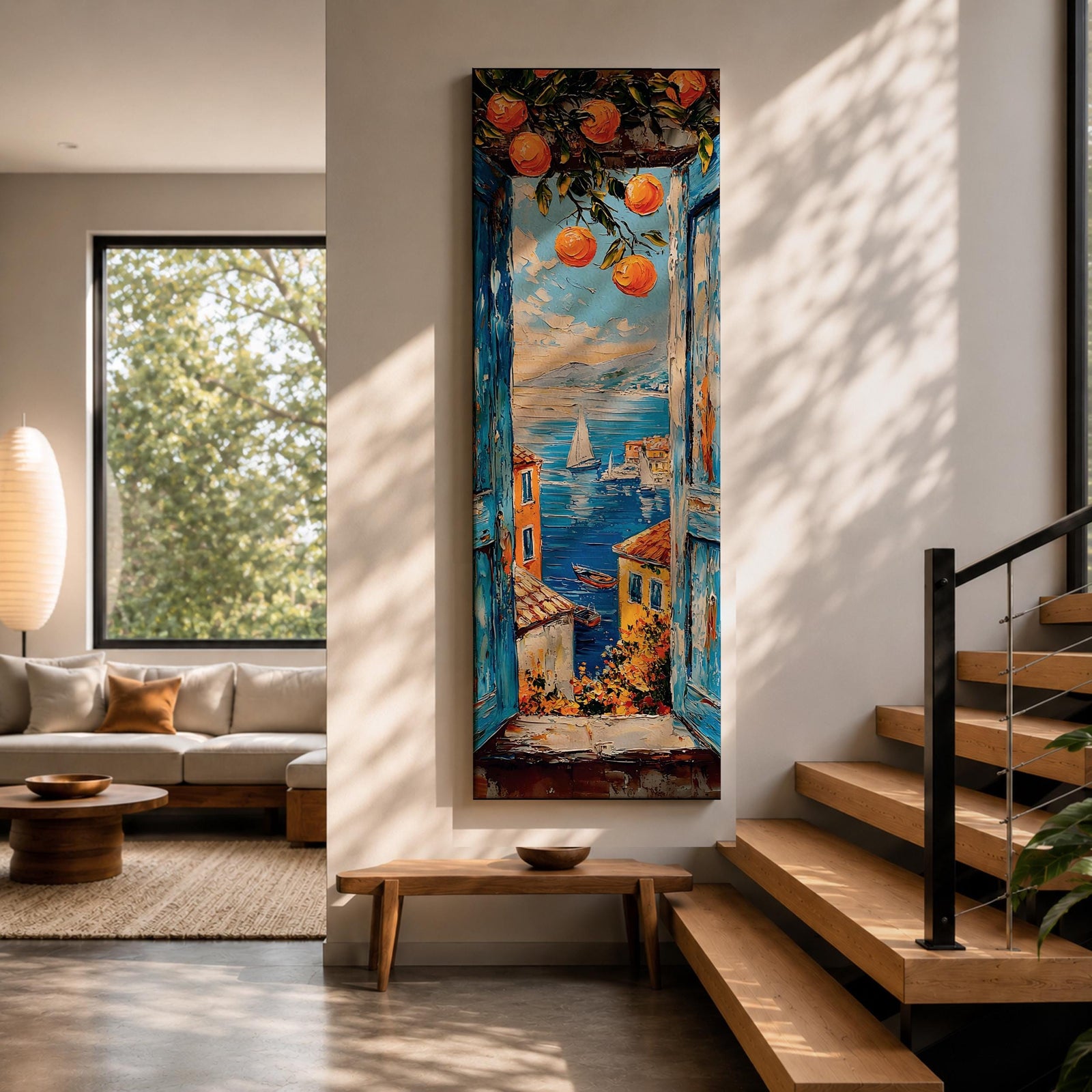 Tall vertical Mediterranean coastal painting showing a view through open blue wooden shutters toward the Amalfi Coast sea. Orange branches hang above a sunlit window frame overlooking colorful seaside houses, small boats, and a sailboat on deep blue water with distant coastal hills rendered in textured oil brushstrokes.