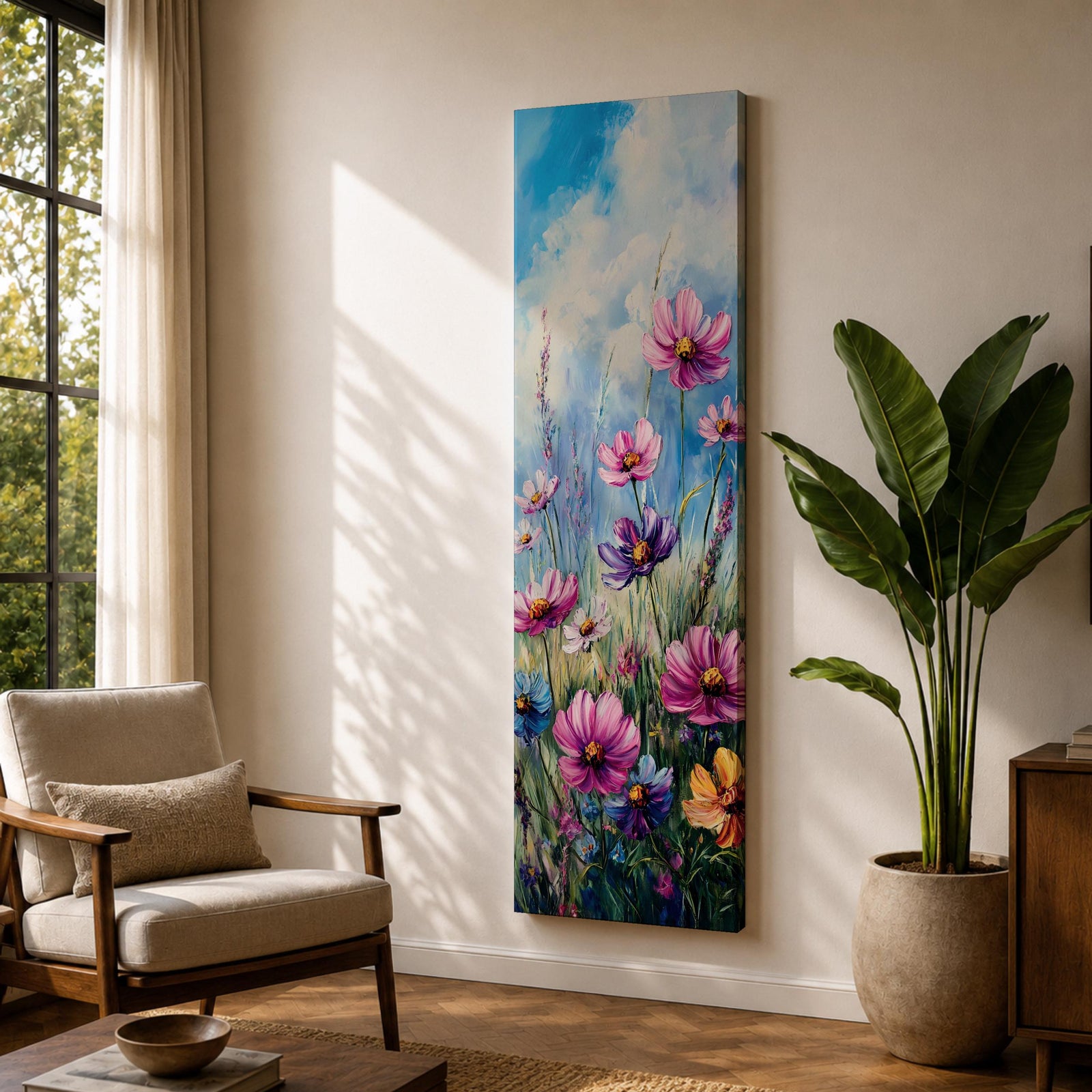 Tall vertical floral painting featuring pink and purple cosmos flowers rising from a colorful wildflower meadow against a soft blue sky. Slender stems and delicate petals sway upward in layered oil brushstrokes with vibrant garden colors including magenta, violet, yellow, and green creating a lively botanical field composition.