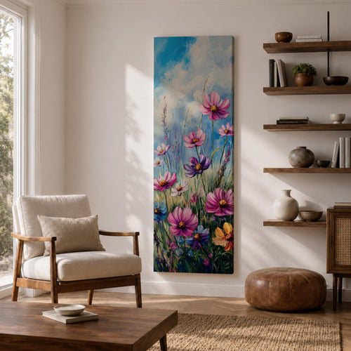 Tall vertical floral painting featuring pink and purple cosmos flowers rising from a colorful wildflower meadow against a soft blue sky. Slender stems and delicate petals sway upward in layered oil brushstrokes with vibrant garden colors including magenta, violet, yellow, and green creating a lively botanical field composition.
