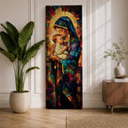 Tall vertical stained glass style artwork depicting the Virgin Mary holding baby Jesus in her arms. Mary wears a flowing blue robe and veil while the child rests peacefully against her chest. Radiating golden light forms a halo behind them with mosaic stained glass panels in deep red, blue, and amber tones.