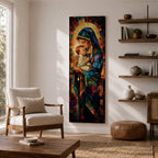 Tall vertical stained glass style artwork depicting the Virgin Mary holding baby Jesus in her arms. Mary wears a flowing blue robe and veil while the child rests peacefully against her chest. Radiating golden light forms a halo behind them with mosaic stained glass panels in deep red, blue, and amber tones.