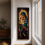 Tall vertical stained glass style artwork depicting the Virgin Mary holding baby Jesus in her arms. Mary wears a flowing blue robe and veil while the child rests peacefully against her chest. Radiating golden light forms a halo behind them with mosaic stained glass panels in deep red, blue, and amber tones.
