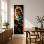 Tall vertical stained glass style artwork depicting the Virgin Mary holding baby Jesus in her arms. Mary wears a flowing blue robe and veil while the child rests peacefully against her chest. Radiating golden light forms a halo behind them with mosaic stained glass panels in deep red, blue, and amber tones.