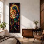 Tall vertical stained glass style artwork depicting the Virgin Mary holding baby Jesus in her arms. Mary wears a flowing blue robe and veil while the child rests peacefully against her chest. Radiating golden light forms a halo behind them with mosaic stained glass panels in deep red, blue, and amber tones.