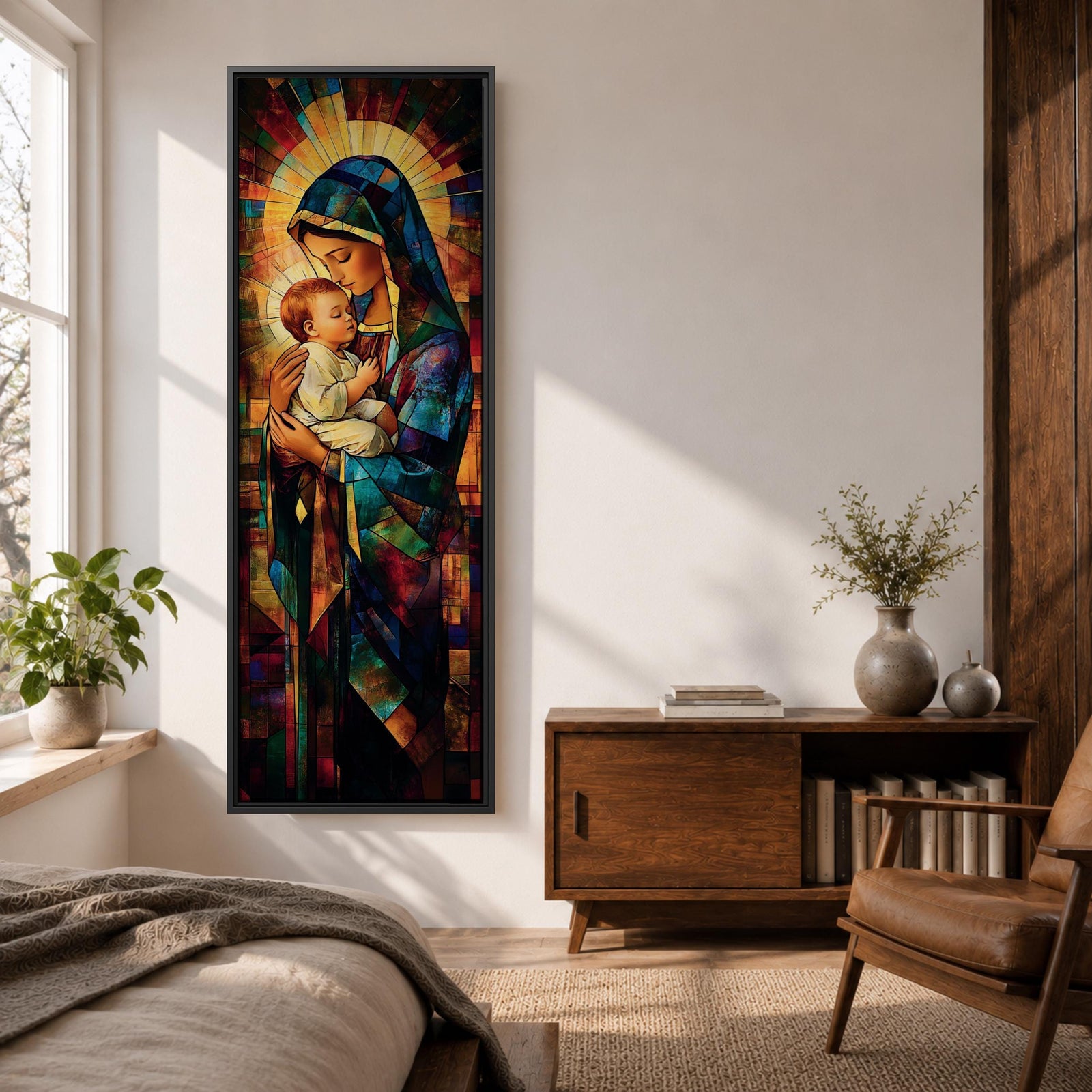 Tall vertical stained glass style artwork depicting the Virgin Mary holding baby Jesus in her arms. Mary wears a flowing blue robe and veil while the child rests peacefully against her chest. Radiating golden light forms a halo behind them with mosaic stained glass panels in deep red, blue, and amber tones.