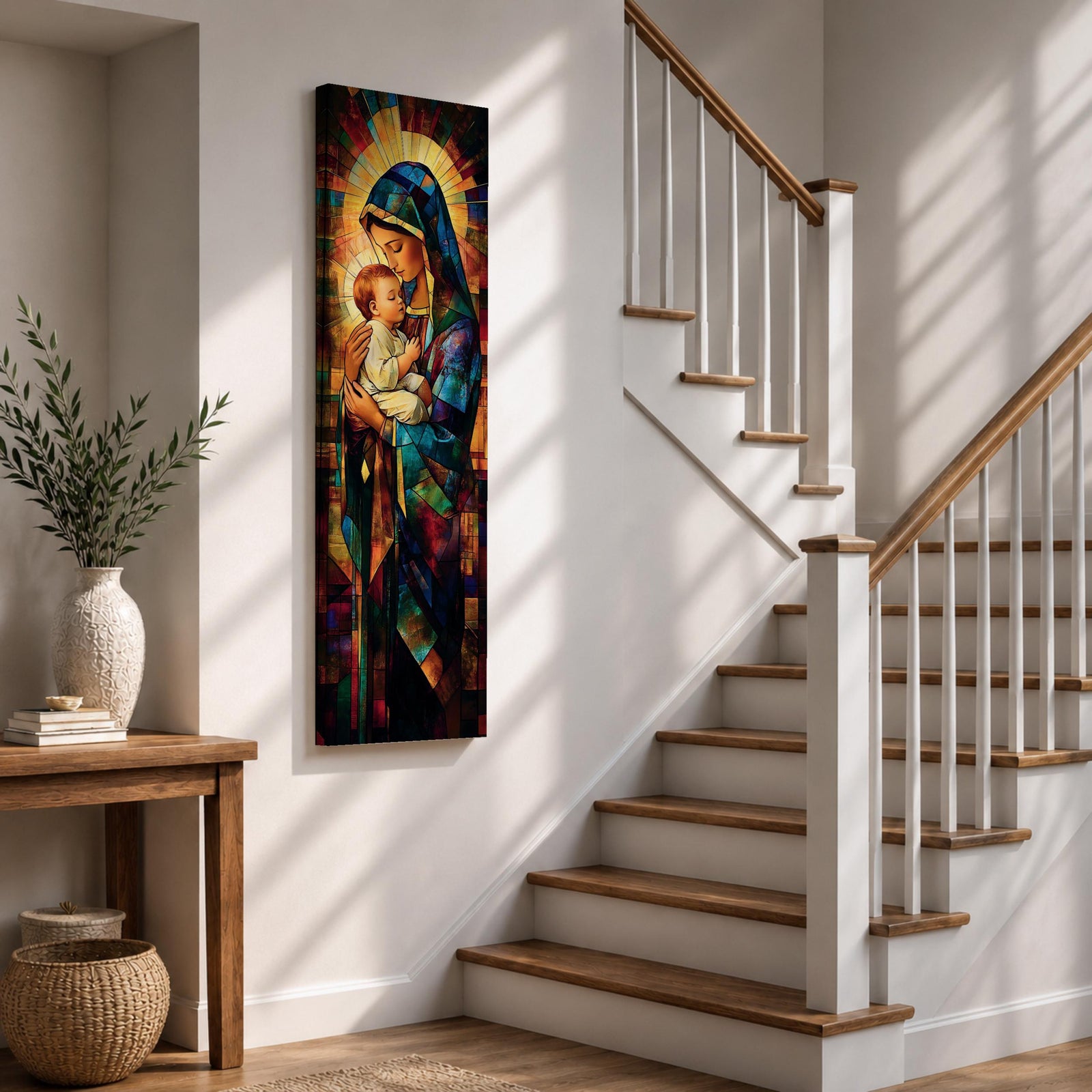 Tall vertical stained glass style artwork depicting the Virgin Mary holding baby Jesus in her arms. Mary wears a flowing blue robe and veil while the child rests peacefully against her chest. Radiating golden light forms a halo behind them with mosaic stained glass panels in deep red, blue, and amber tones.