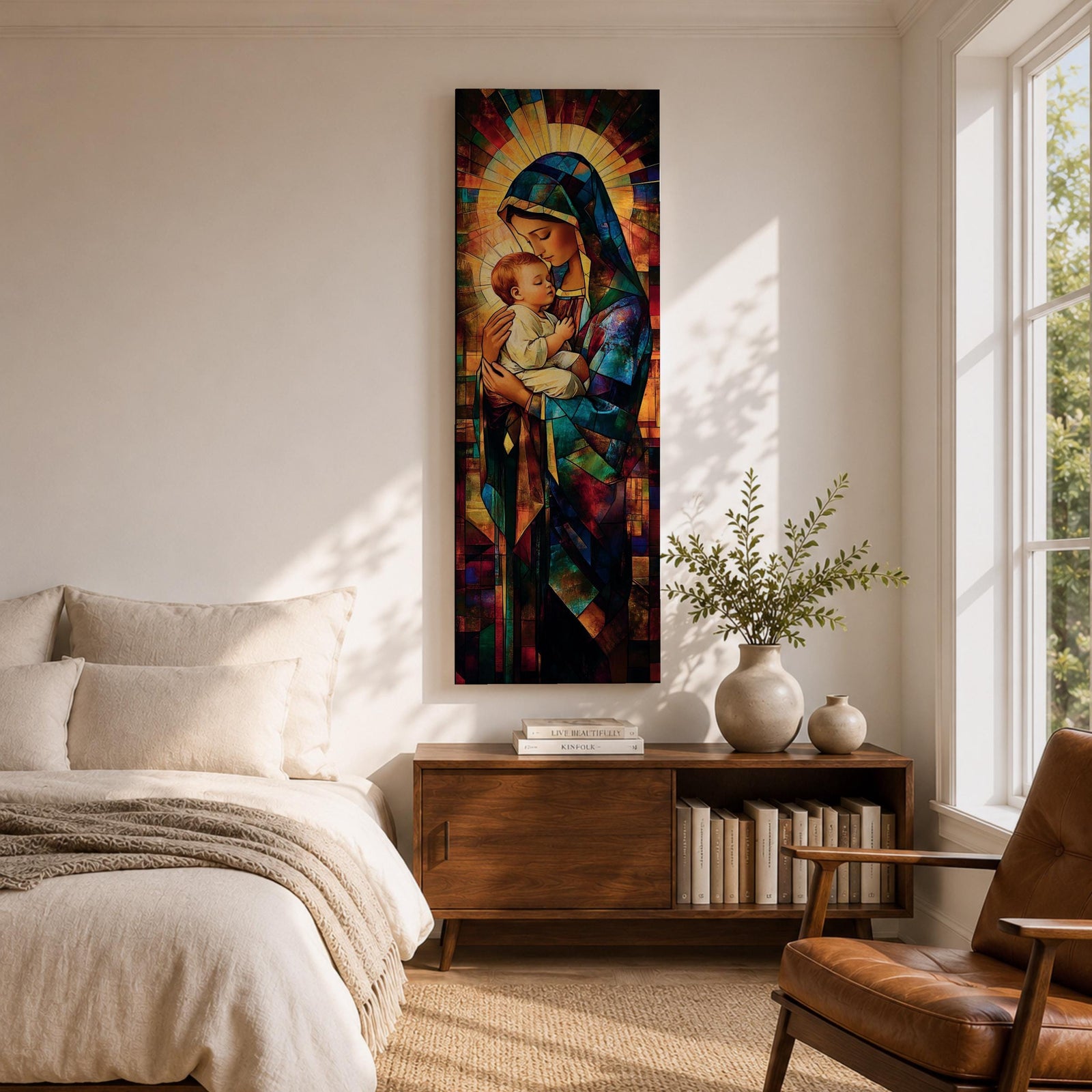 Tall vertical stained glass style artwork depicting the Virgin Mary holding baby Jesus in her arms. Mary wears a flowing blue robe and veil while the child rests peacefully against her chest. Radiating golden light forms a halo behind them with mosaic stained glass panels in deep red, blue, and amber tones.