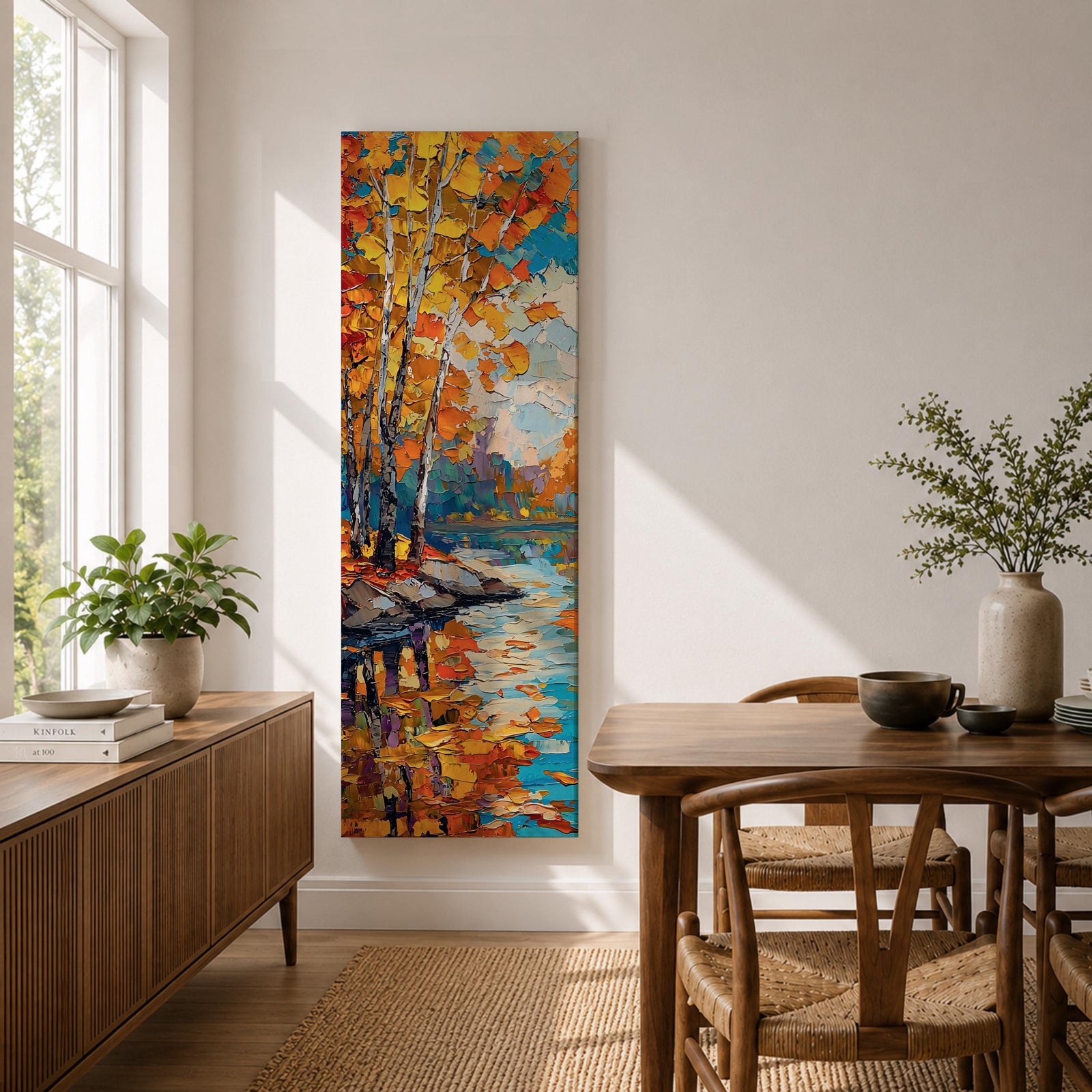 Tall vertical landscape painting of slender birch trees with golden autumn leaves along a calm reflective river. Thick palette knife oil brushstrokes create vibrant fall colors of orange, yellow, and blue with the trees mirrored in the water while distant forest and sky appear softly textured in the background.
