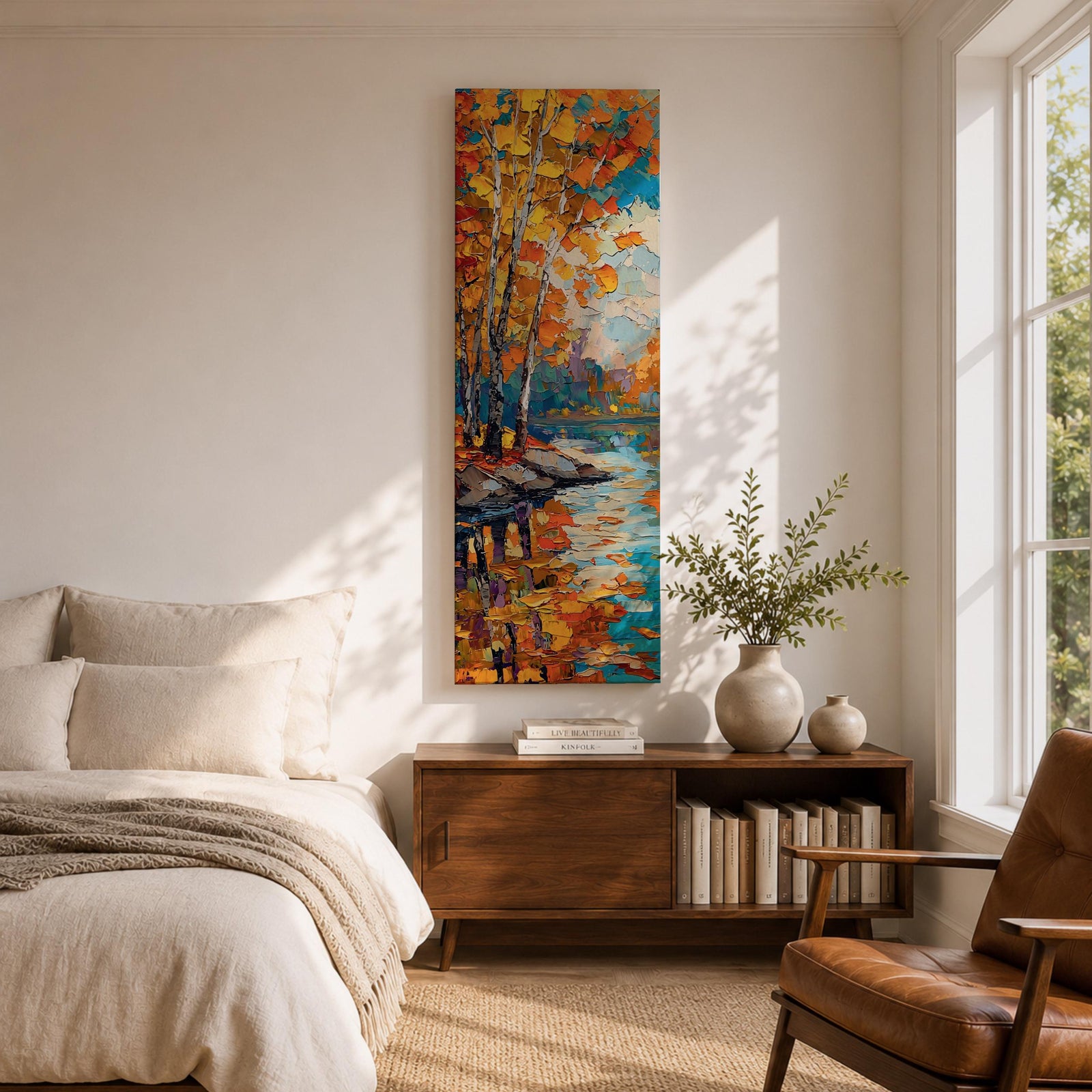 Tall vertical landscape painting of slender birch trees with golden autumn leaves along a calm reflective river. Thick palette knife oil brushstrokes create vibrant fall colors of orange, yellow, and blue with the trees mirrored in the water while distant forest and sky appear softly textured in the background.