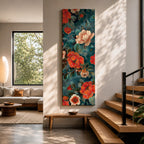Tall vertical floral artwork featuring large peony blossoms in coral red and soft ivory tones layered across a deep teal background. Delicate botanical leaves and stems weave through the composition with fine line details and painterly shading, creating a decorative chinoiserie inspired floral pattern.